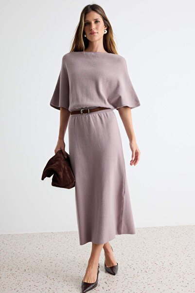 Trendyol Collection Mink Belt Detailed Midi Knitwear Short Sleeve Dress Twoaw...