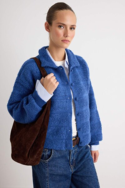 Trendyol Collection Blue Soft Textured Polo Collar Knitwear Cardigan Twoaw27H...