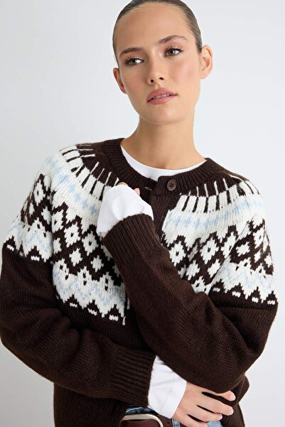 Trendyol Collection Brown Patterned Soft Textured Knitwear Cardigan Twoaw27Hi...