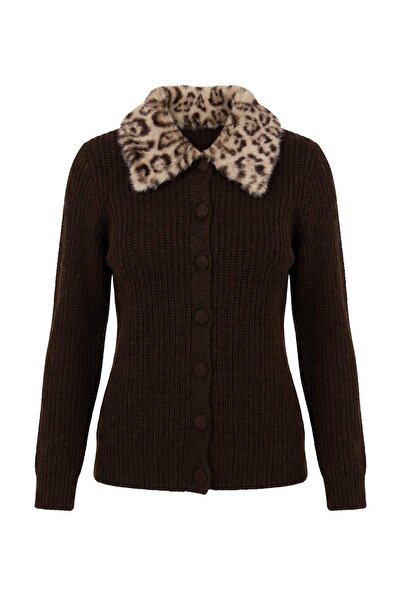 Trendyol Collection Brown Soft Textured Leopard Fur Detailed Coat-Looking Kni...