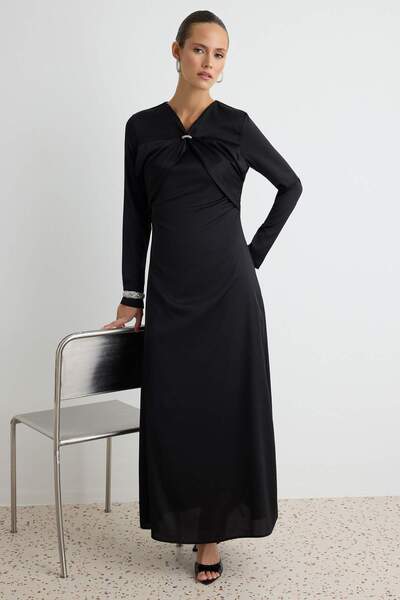Trendyol Modest Black Brooch Detail Satin A-line Woven Modest Evening Dress T...