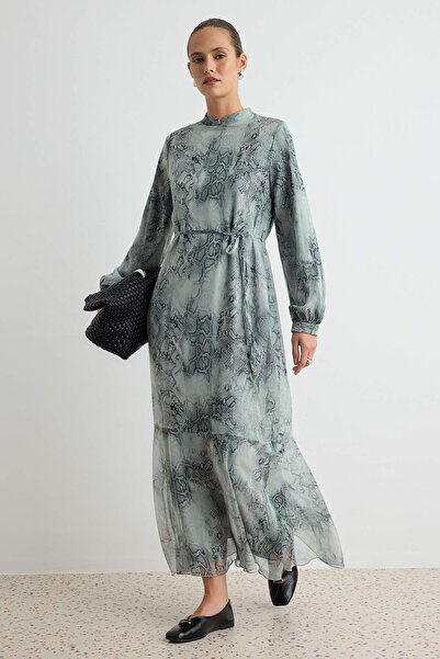 Trendyol Modest Green Snake Patterned Skirt with Cut-Outs and Lining Chiffon ...