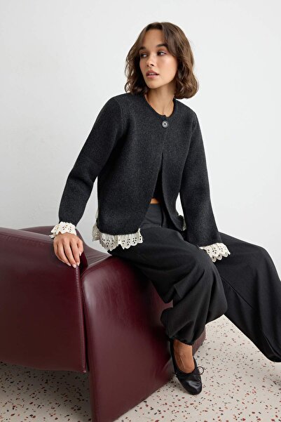 Trendyol Collection Anthracite Brode Lace Detailed Soft Textured Knitwear Car...