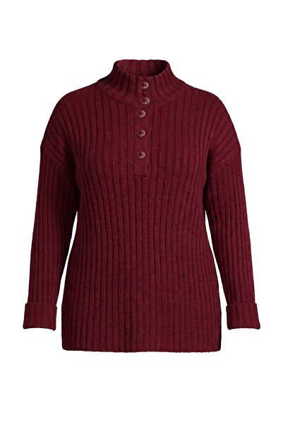 Trendyol Curve Burgundy Soft Textured Ribbed Buttoned Knitwear Sweater Tbbaw2...