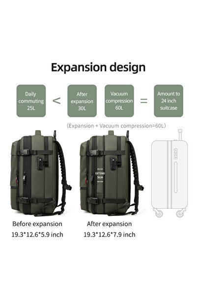 MOGODA Rucsac de călătorie cu vidare de aerisire 49x32x20cm Impermeabil Antifurt Extensibil 60L Cu pompă Verde militar