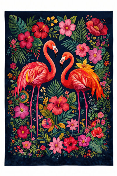 Gergef House Egzotik Flamingo ve Hibiskus Desenli Dokuma Taban Modern Dekorat...