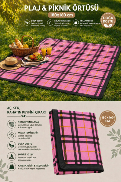 Fidan oyuncak 180x160 cm Kareli Piknik Örtüsü Kolay Taşınabilir, Su Geçirmez,...