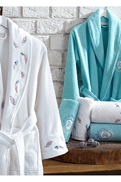 Dantela Σετ μπουρνούζι από βελούδινο βαμβάκι Oriel 6 τεμαχίων - Λευκό/Μπλε