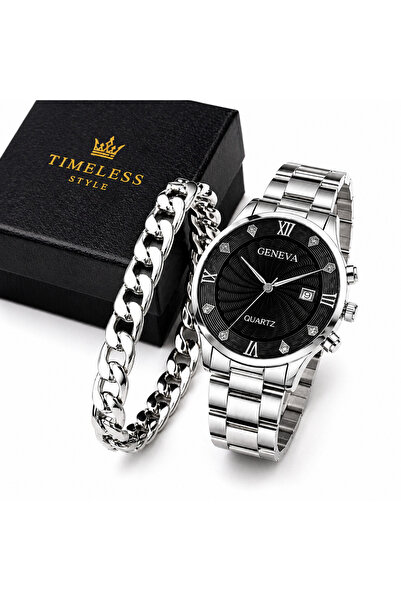 Geneva Platinum Ανδρικό Σετ Δώρου: Ασημένιο Ρολόι + Κουβανέζικο Βραχιόλι – Κο...