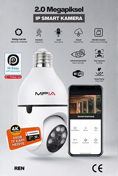MPIA Wifi 360 Panoramik Ampul Kamera Gece Görüş Ses Hareket Algılayıcı 4K 64G...