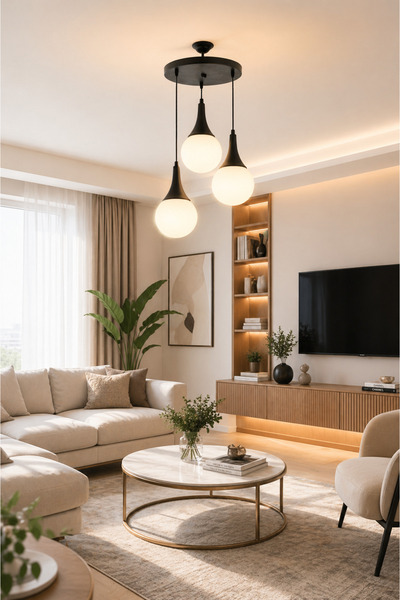 NisaLuce Nisa Luce 3'lü Tepsi Avize - Siyah •opal Top Cam•Sarkıt Avize Salon ...