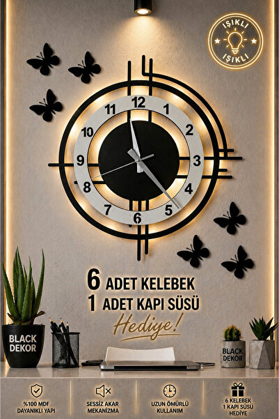Blackdekor Black Dekor - Beyaz Siyah Led Işıklı Duvar Saati | Modern Şık 50 C...