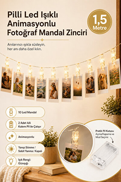 ORİJİNALDÜKKAN Led Işıklı Fotoğraf Asma Mandalları Pilli Animasyonlu 10 lu 1,...