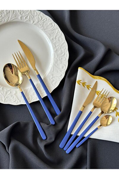 MD MİMOZA DEKOR Allegra Blue&gold 42 Parça 6 Kişilik Çatal Kaşık Bıçak Seti