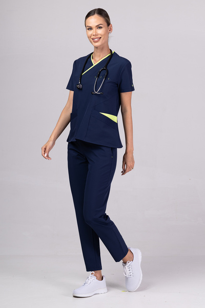 tag Costum medical ONYX Premium pentru femei, bleumarin cu bordură verde cu m...