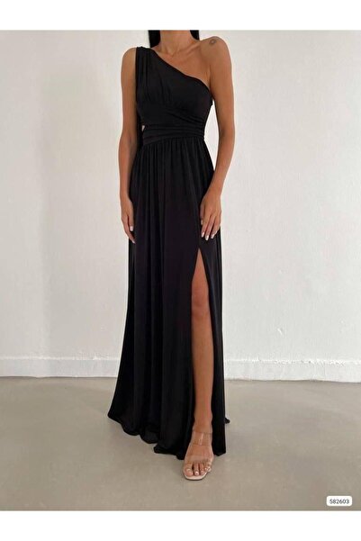 Modafeminen Tek Omuz Sandy Abiye Elbise 582603 Siyah