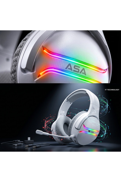 ASA سماعة رأس للألعاب Smash RGB - سماعات رأس لاسلكية وسلكية بتقنية البلوتوث مع ميكروفون (أبيض)