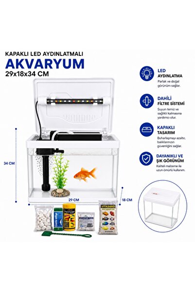 makro İTHAL AKVARYUM BEYAZ KAPAKLI 29*18*34 CM FİLTRE +LED IŞIK+BAŞLANGIÇ SET...