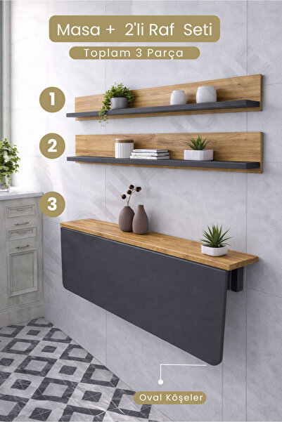 Kydonia Home 60x110 Katlanır Duvara Monte Masa ve 2 Adet 15x110 Raf Seti Antr...
