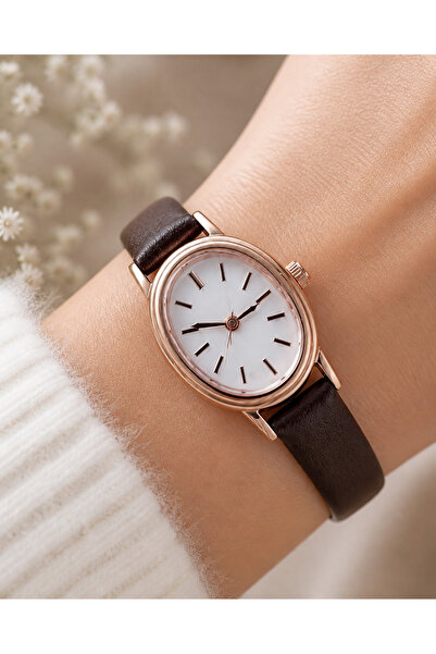 Weluxa Rose Color Case Bitter Brown Leather Band Minimal Vintage Women Wristw...