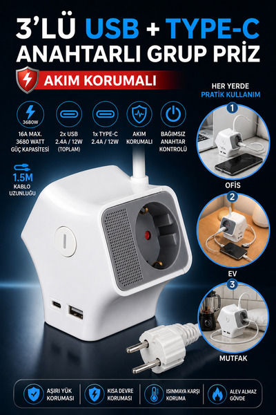 nelerbulurum YÜKSEK KALİTELİ 3'LÜ USB+TYPEC AÇMA KAPAMA TUŞLU AKIM KORUMALI 1...