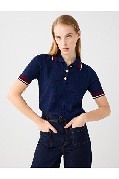Jimmy Key Bluză tricotată slim-fit cu guler cămașă albastru bleumarin