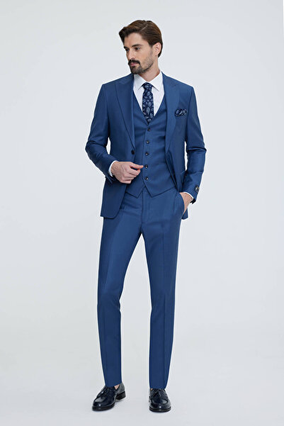 Ysf Erkek Saks Mavisi Slim Fit Sivri Yaka Yelekli Takım Elbise