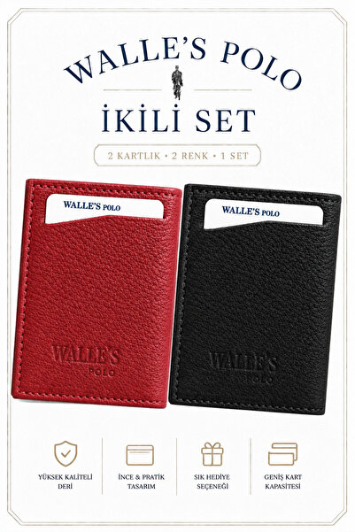 Walle's Polo Erkek&kadın 2Li Siyah-Kırmızı Set Kağıt Para Bölmeli Deri 1 Kiml...
