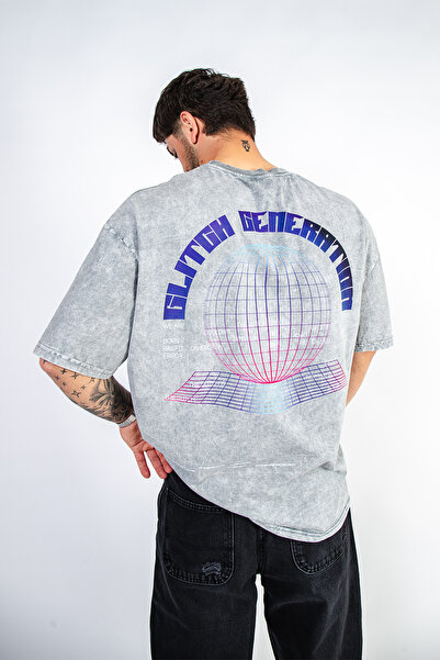 Sekizbiraltı Tricou alb lavabil, oversize, unisex, cu imprimeu Glitch