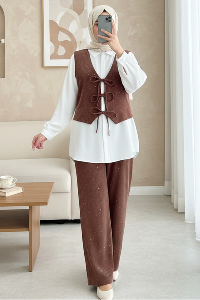 HİJABAYA Vestă cu legătură în față, pantaloni, costum din catifea cu mânecă l...