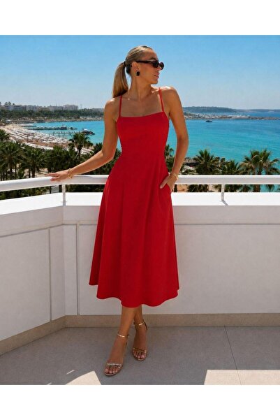 Modafeminen elastic Rochie din material textil cu bretele 582055 Roșu