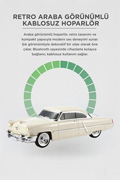 Torima Bluetooth Hoparlör Retro Klasik Araba Tasarımlı 10W FM USB Speaker D85 Bej
