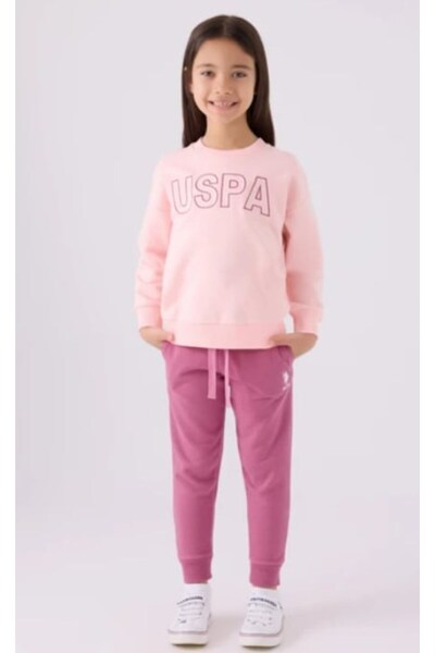 U.S. Polo Assn. يو إس بولو أسن. طقم بدلة رياضية للفتيات بطباعة نصية وتفاصيل ش...