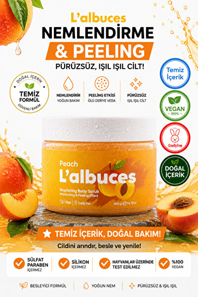 L'albuces Peach Body Scrub 400gr – Vegan, Temiz İçerikli, Şeftali Kokulu Pürü...