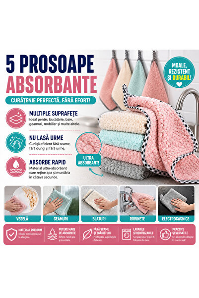 SMARTECH Set 5 bucati prosoape absorbante, laveta microfibra, 25x25cm, Multic...