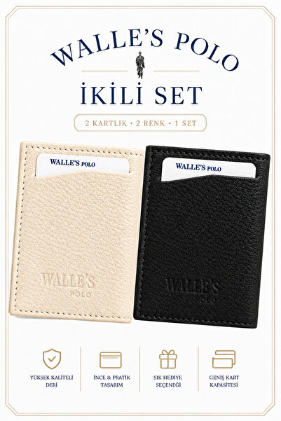 Walle's Polo Erkek-kadın 2 Li Siyah-krem Set Kağıt Para Bölmeli Deri 1 Kimlik...