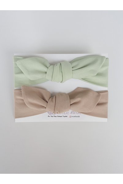 swan butik Baby Girl Kids Bandana Buckle Set of 2 Mint and Beige Rabbit Ear Bandana Combed Cotton