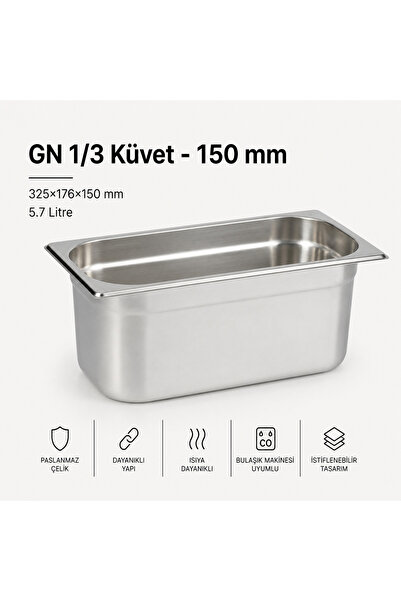 Natsan Paslanmaz Çelik Gastronom/gastronorm Küvet Gn 1/3-150 (32,5 X 17,6 X 1...