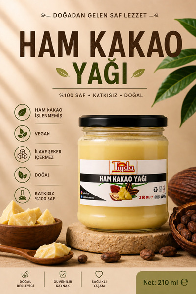 TİJDA Ham Kakao Yağı Glutensiz Vegan 210 ml %100 Saf