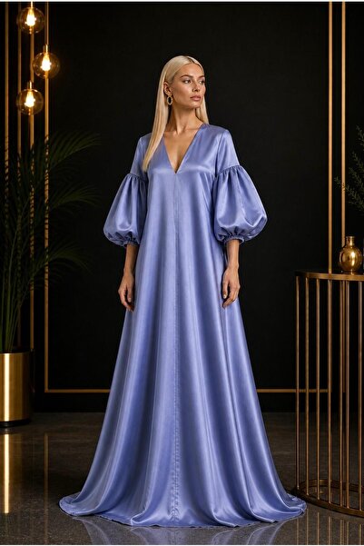 ALYEL NAKER V-Neck & Balloon Sleeve Detailed Maxi Stylish A-Line Satin Dress