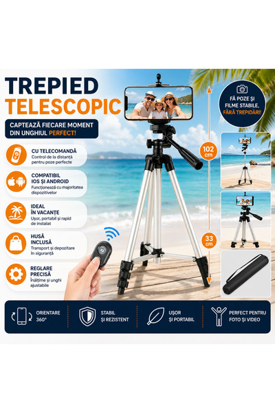 SMARTECH Trepied telescopic pentru smartphone cu telecomandă, compatibil cu A...