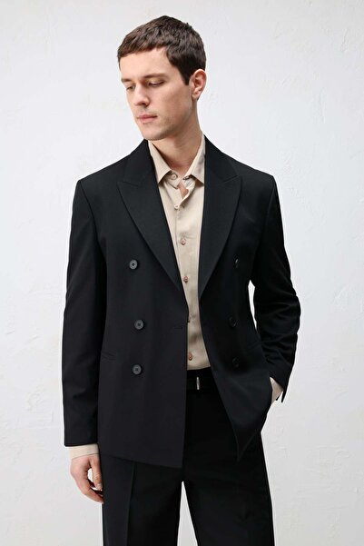 Antioch Siyah Kruvaze Relaxed Fit Erkek Blazer Ceket