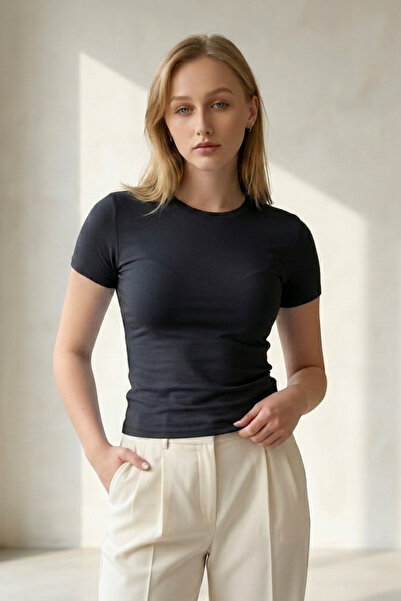 penyebizden Μπλουζάκι Crop Slim Fit Cotton Lycra-Μαύρο