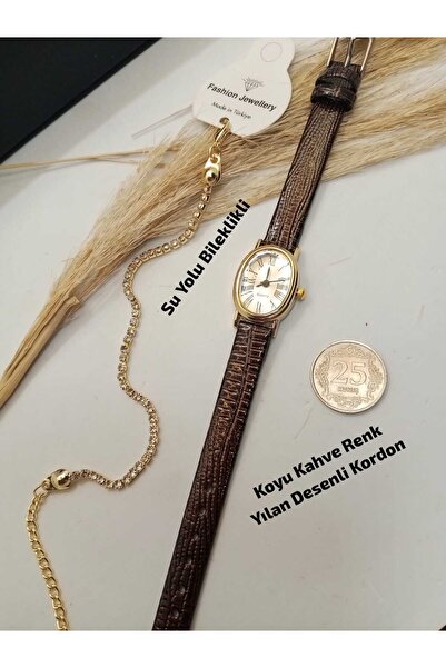 Brality Retro Kadın Kol Saati Minimal Vintage Koyu Kahve Kordonlu - Gold Renk...