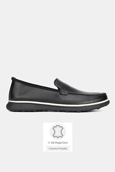 TUNAELLİ Men's Black Genuine Natural Leather Eva Sole Loafer Daily Shoes