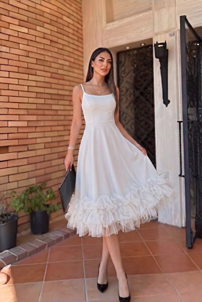 ALFUDO Moda Collection Kadın Beyaz Tül Detaylı Askılı Midi Boy Abiye Mezuniye...