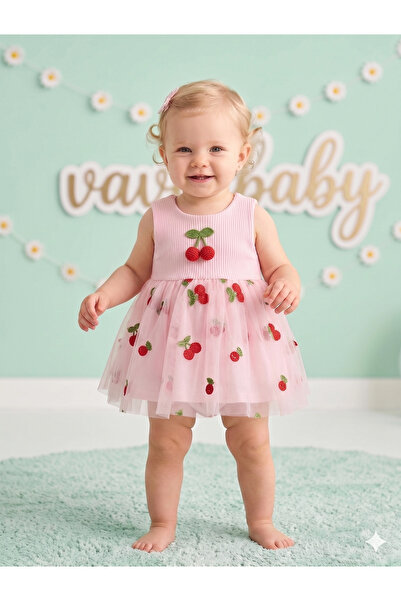 VaVbaby فستان توتو للأطفال مزين بتطريز الكرز وتفاصيل من التول باللون الوردي