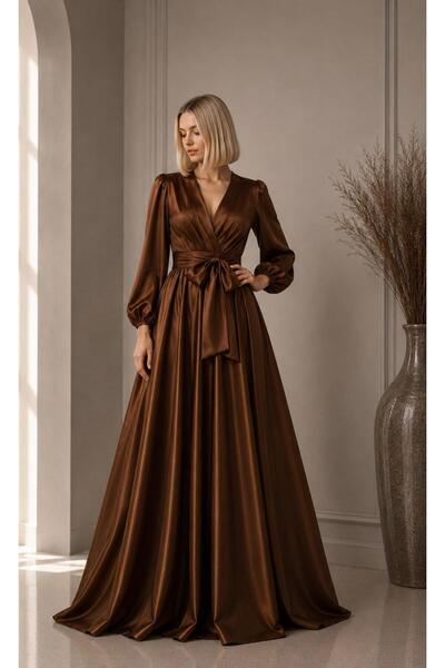 ALYEL NAKER Double-Breasted Maxi Stylish Satin Dress with Closed Neckline & B...