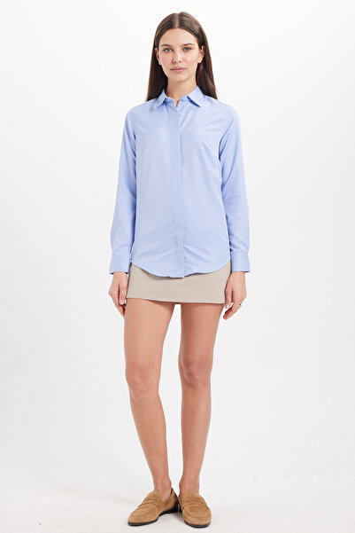 Tudors Cămașă de damă, slim fit, body-fit, mânecă lungă, cu nasturi ascunși, model basic, albastru