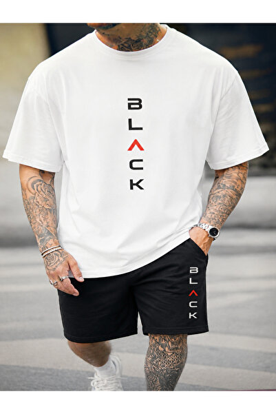 MARKATEM Set de pantaloni scurți și tricou oversize negru pentru bărbați, îmb...